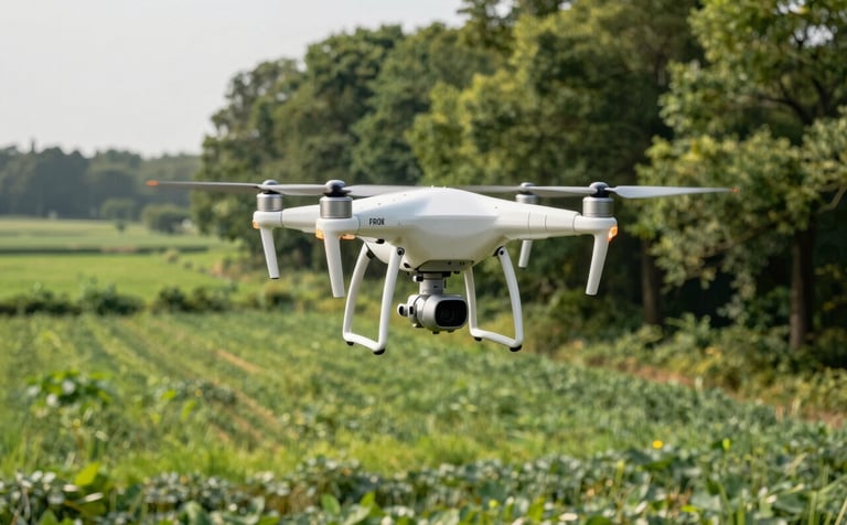 A high-tech white drone hovering over vibrant forest green rural fields in Pirok. The lighting is crisp daylight, highlighting the intersection of advanced technology and traditional agriculture under a soft sky white horizon.