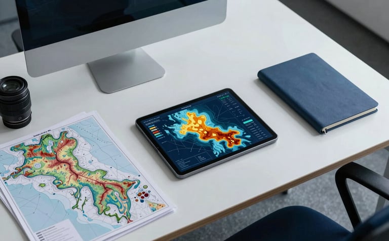 A top-down view of a professional's desk in a modern International / Global corporate office. On the desk are high-resolution geological maps and a sleek tablet showing petroleum data. The lighting is bright and clean, incorporating steel blue and deep navy blue tones in the equipment and shadows.