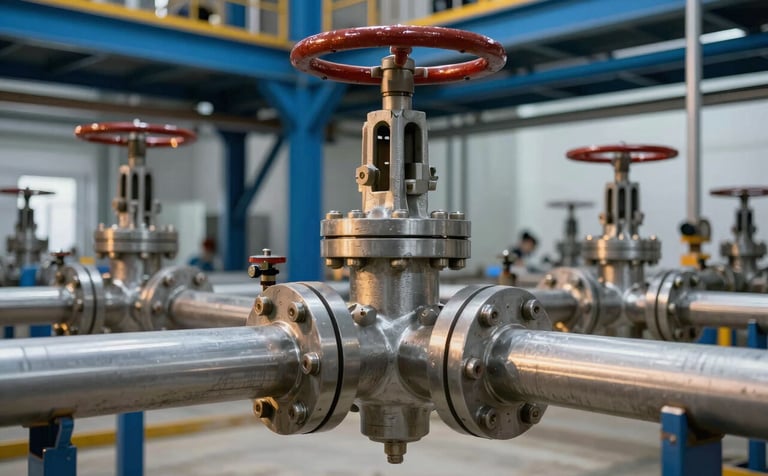 A close-up photograph of modern industrial petroleum valves and pipes at a state-of-the-art facility. The setting is a clean, organized International / Global industrial site. The metal surfaces reflect a subtle golden accent light against a backdrop of steel blue structural elements.