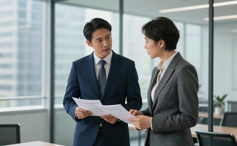 Two professionals in professional business attire, a deep navy blue suit and a charcoal gray outfit, discussing reports in an elegant, glass-walled boardroom in an International / Global business district. The atmosphere is calm and expert, with soft pale blue-gray lighting.