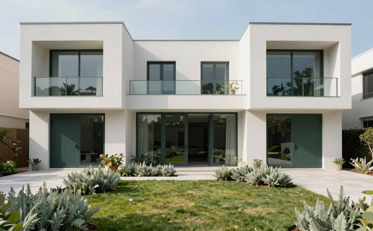 A street-level professional photograph of completed luxury minimalist villas. The architecture features sharp mist white lines, dark charcoal green door frames, and expansive glass. The foreground includes manicured lawns and soft sage colored shrubbery under bright daylight.