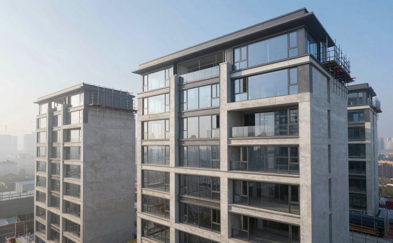 A high-angle architectural photograph of a modern residential complex under construction. Scaffolding is partially visible against mist white concrete walls and large floor-to-ceiling glass windows. The sky is a clear light blue, and the lighting is bright and professional, highlighting the progress of the structure.