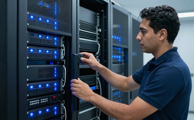 A database administrator in a Latin American / Spanish data center room, inspecting high-end server racks with blinking blue LED lights, representing reliability and SQL expertise with dark navy and pale blue tones.