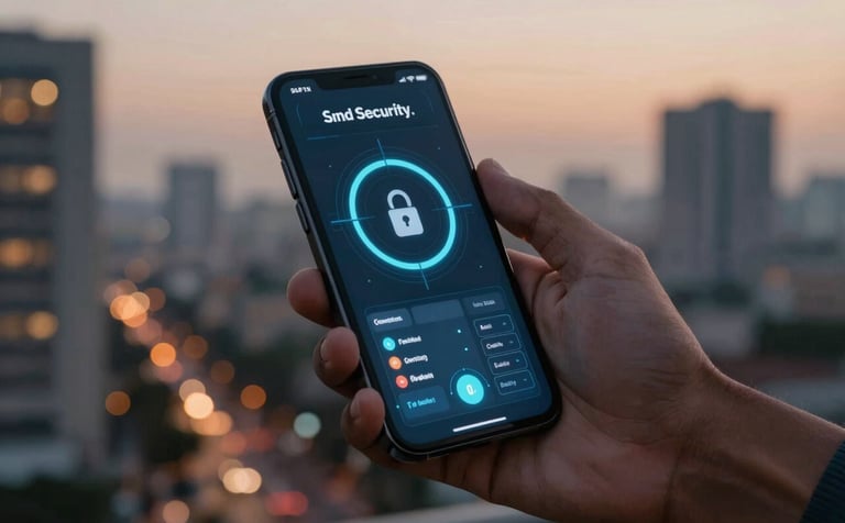 Cinematic photography of a sleek, high-tech interface on a mobile device being held by a user in a South Asian urban setting at dusk, amber city lights in the background, focused on speed and security.