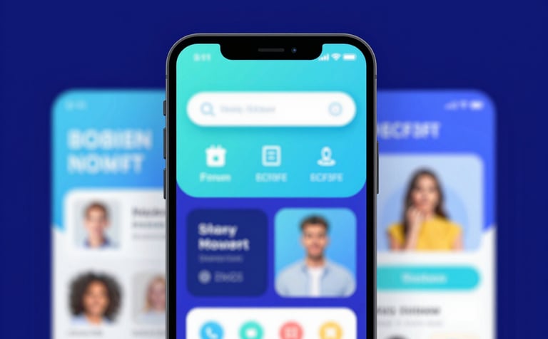 Close-up of a mobile interface showing a vibrant e-commerce app with fluid transitions. The style is energetic and modern, featuring #8BB6CA and #ECF3F6 highlights against a deep #2E4E6A background.