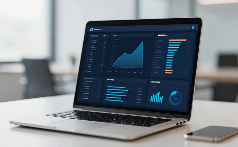 A high-end office setting with a sleek laptop displaying a modern, dynamic business dashboard. Soft bokeh lighting highlights the success and transformation, incorporating #2E4E6A and #8BB6CA tones.