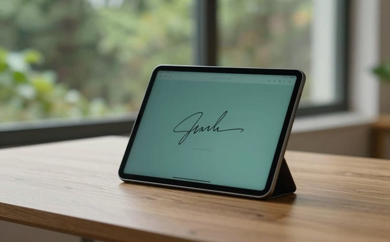 A sleek, modern tablet displaying a digital signature interface, resting on a minimalist wooden desk. In the background, a large window reveals a lush green forest, blending technology with nature. Lighting is soft and natural. Color palette incorporates #3F7065 and #F0F7F6. Sophisticated and eco-conscious atmosphere.