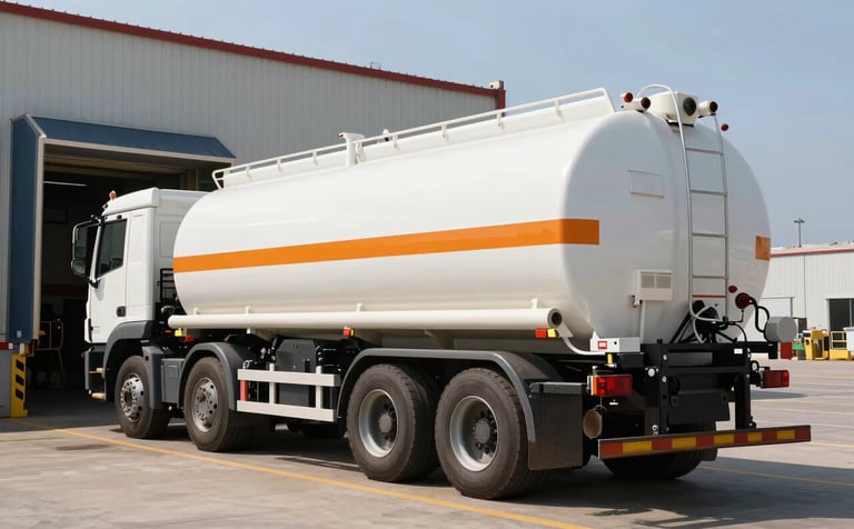A specialized chemical tanker truck at a secure loading dock in a North American industrial park. Clear, bright lighting, emphasizing safety compliance and high-quality logistics equipment.