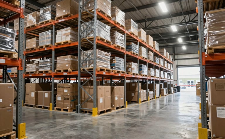 Interior of a modern, organized logistics warehouse in Texas. Tall steel shelving units, polished concrete floors, and bright overhead lighting. Professional, clean industrial atmosphere.