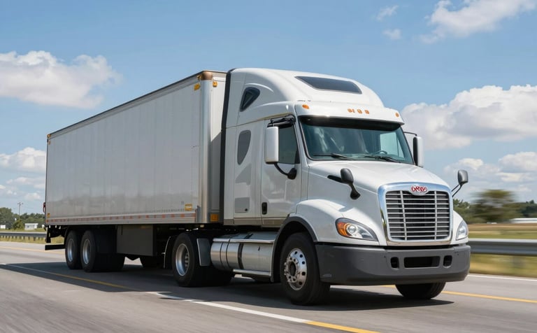 A clean semi-truck with a silver trailer driving on a wide North American highway under a bright blue sky. Professional photography, low angle, sharp focus on the truck cabin, conveying speed and reliability.