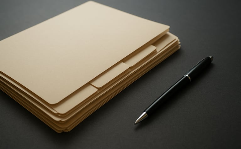 A close-up shot of organized legal folders and a sleek pen resting on a dark slate grey desk surface. The lighting is soft and even, suggesting a calm and meticulous professional environment.