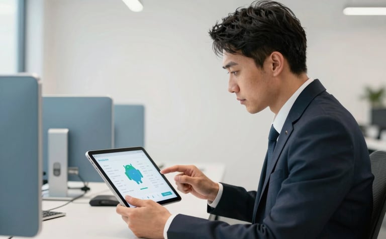 A focused professional in a modern Global / Tech Industry office using a tablet to review a clean Android interface. The environment is bright and approachable with soft off-white walls and subtle steel blue desk accessories.