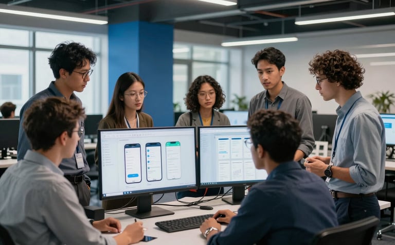 A team of diverse professionals in a Global / Tech Industry hub collaborating over high-tech displays showing mobile app frameworks. The room has mid blue architectural accents and steel blue lighting for a modern feel.