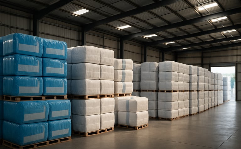 An organized warehouse interior in an Australian industrial park, featuring neatly stacked packages of premium glasswool and polyester insulation products. Soft white and medium blue branding is visible, with bright daylight streaming through.
