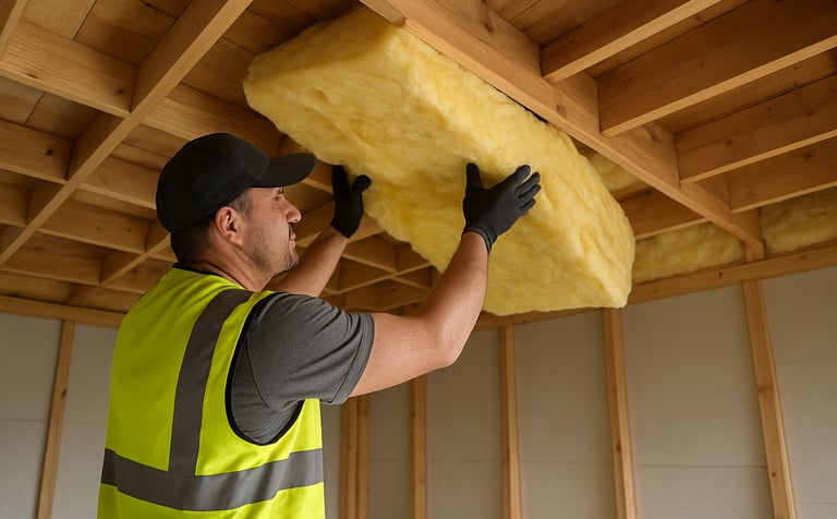 A professional insulation installer in a high-visibility vest placing thick yellow thermal batts into the ceiling joists of a modern Oceanic home. The lighting is bright and clear, showcasing a clean attic space with professional craftsmanship.