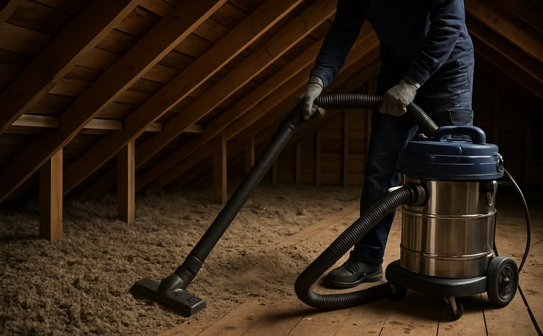 An attic space being professionally cleaned with industrial vacuum equipment, removing old loose-fill insulation. The scene is well-lit, showing the contrast between the dusty old area and the clean timber beams of an Oceanic residential structure.