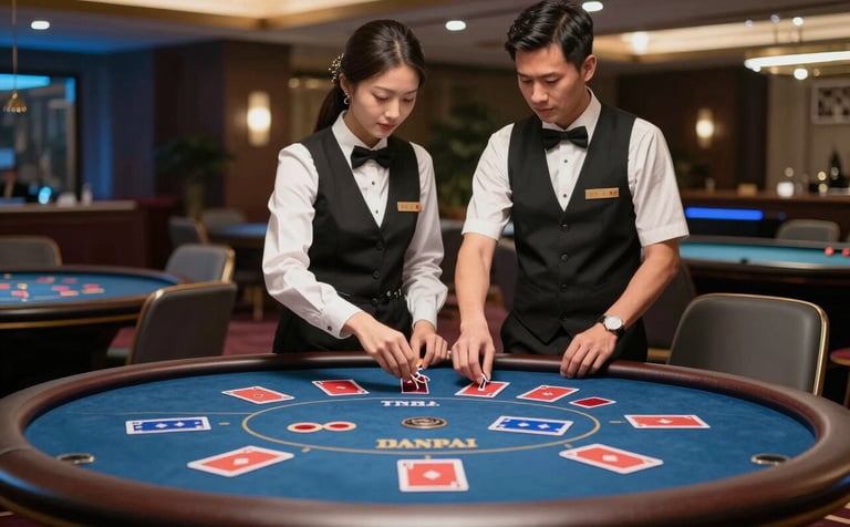 A luxury casino interior in a high-end Southeast Asian / Vietnamese resort, featuring a polished baccarat table with professional staff. The lighting is soft blue and dark grey, creating an atmosphere of trust and premium entertainment. High-quality photography with shallow depth of field.