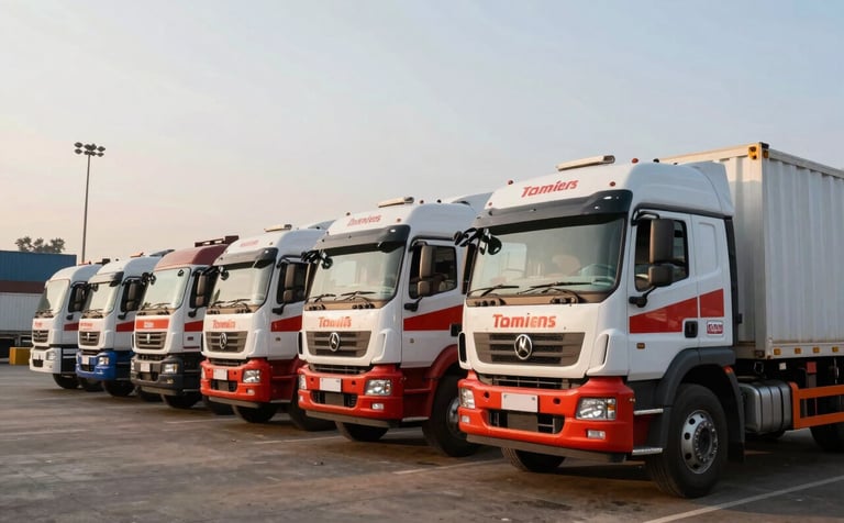 A fleet of modern heavy-duty cargo trucks with clean white and red branding lined up at a logistics terminal in India during the golden hour. The setting is a professional South Asian transport hub with clear skies and efficient industrial vibes.