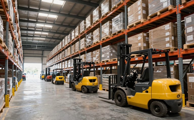 Interior view of a spacious, organized warehouse in Haryana, India. High ceilings, industrial racking systems, and modern forklifts are visible, emphasizing safety, storage efficiency, and professional inventory management.