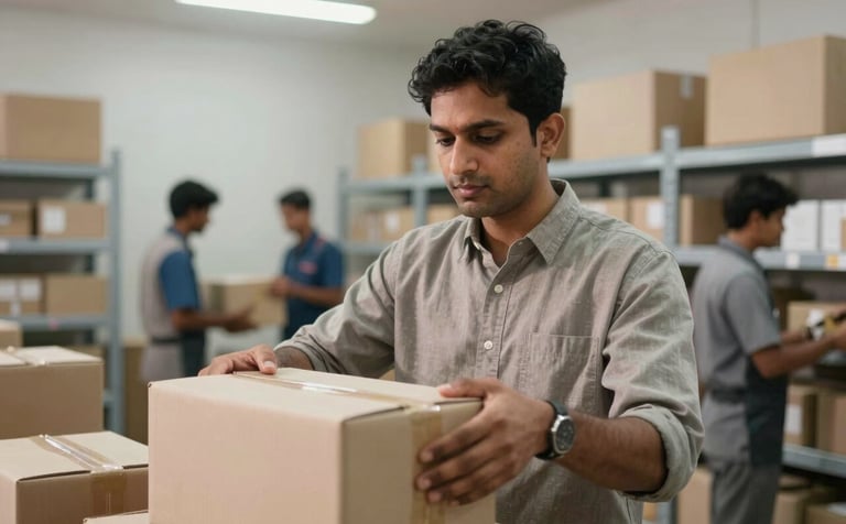 A focused logistics coordinator in South Asian attire managing parcels in a clean, modern shipping facility. The background shows organized shelves and workers handling packages with professional care under bright lighting.