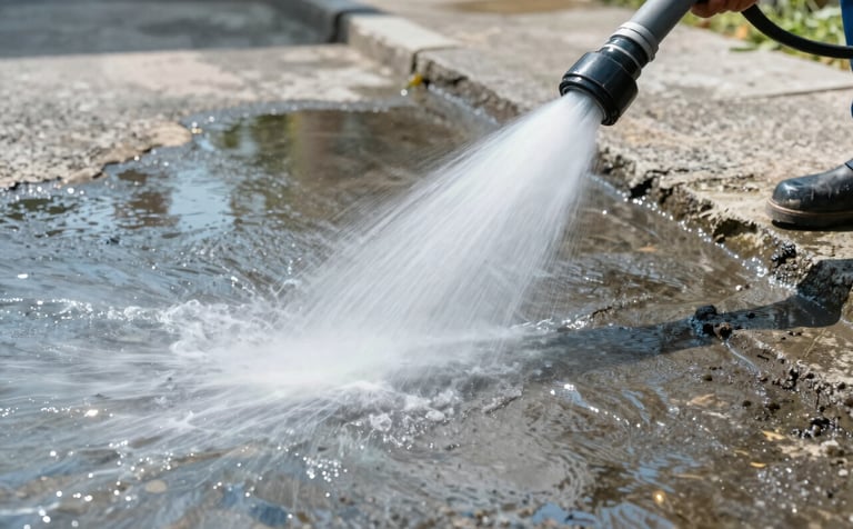 A powerful high-pressure water stream cleaning a weathered concrete driveway, revealing bright, clean stone underneath. The composition is a sharp diagonal split between dirty and clean. Bright, natural daylight highlights the transformative power of the service. Incorporates professional tones of #3D6D8A and #A3BCCF in the water and reflections.