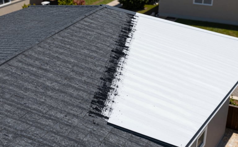 A high-angle view of a residential roof showing a dramatic before-and-after contrast. Half is stained with black streaks, the other half is clean and like-new. The lighting is crisp, emphasizing meticulous care and trustworthy results. Palette features #1A2A3A in the roof tiles.