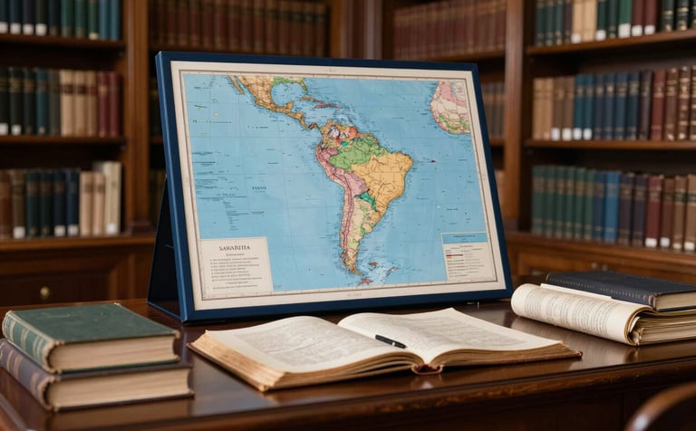A high-end, intellectual photograph of a sophisticated South American library with dark wood shelves and a focused academic atmosphere. Soft natural light illuminates a desk with old manuscripts and a map of South America. The color palette features deep navy and steel blue tones.