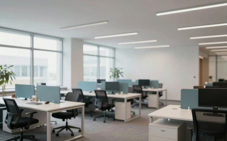 A bright, modern office space in Bremen with large windows and clean desks. The atmosphere is professional and orderly. Soft lighting highlights the dust-free surfaces. Subtle brand colors like #4C728C are visible in the office decor. Wide shot, professional architectural photography style.