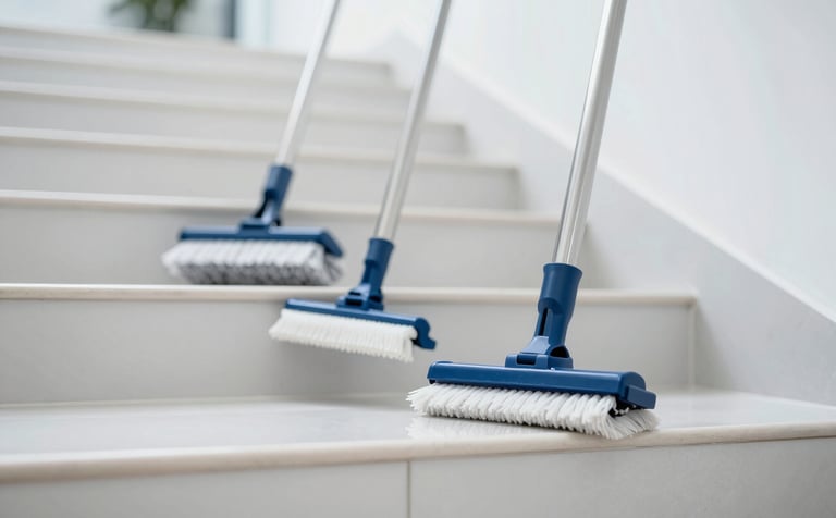 A close-up shot of professional cleaning tools and a brightly polished staircase in a corporate building. The lighting is crisp and clean. The color palette emphasizes #1A2C3C and #F4F8FC. The vibe is one of efficiency and high-quality maintenance.