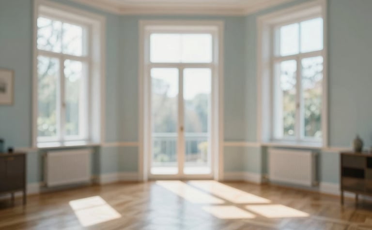 A pristine residential living room in Bremen with sunlight streaming through crystal-clear windows. The wooden floor reflects the light perfectly. The scene is calm and organized, incorporating tones of #A7BFCF and #F4F8FC. High-resolution photography focusing on the clarity of the glass.