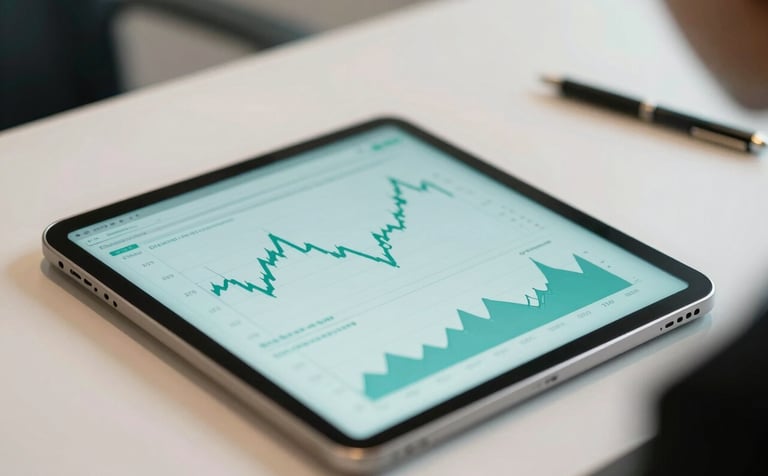 A close-up of a tablet displaying financial charts in a bright, professional South American / Brazilian corporate setting, with soft aqua and off-white tones in the background.