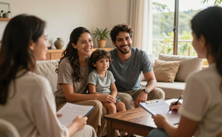 A family in a comfortable South American / Brazilian home living room, engaged in a relaxed conversation with a financial advisor, warm and natural morning light.