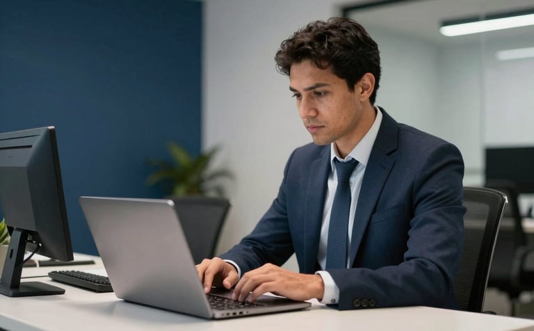 A professional accountant in a modern South American / Brazilian office, focused on a laptop with clean lines, featuring soft desk lighting and accents of dark navy and slate blue in the decor.