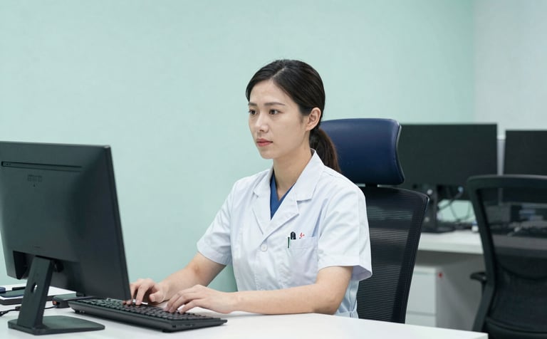 A secure and clean corporate setting symbolizing trust, featuring a professional specialist in a pale mint white room with dark navy blue office furniture and subtle muted turquoise lighting.