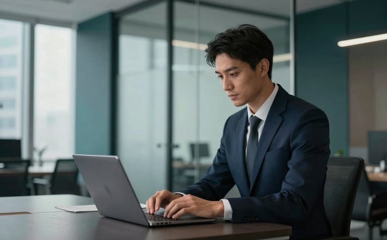 A professional consultant in a modern office with minimalist glass partitions, soft natural lighting, wearing a dark navy blue suit, working on a silver laptop. The environment features deep charcoal teal accents and a high-end business atmosphere.