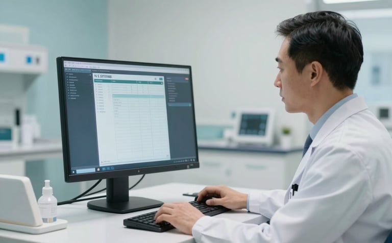 A medium photography shot of a doctor in a modern North American / US hospital using a high-definition monitor to review digital patient records. The setting is clean and trustworthy, featuring light blue and off-white laboratory tones with professional lighting.
