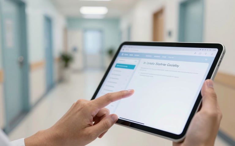 A close-up photograph in a bright North American / US medical office where a hand is interacting with a sleek tablet displaying a clean user interface. The background is a soft-focus clinic corridor with light blue and off-white accents, conveying a professional and innovative healthcare atmosphere.