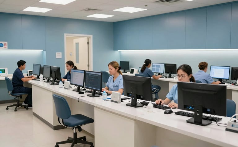 A wide photography shot of a modern, high-tech North American / US nurse station. The lighting is bright and clean, with medium blue wall panels and off-white furniture. Professional staff are working efficiently in the background, focusing on high-resolution computer monitors.