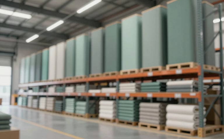 A modern, sophisticated textile export warehouse or family office showing generational legacy and global reach. Premium quality, modern aesthetic. Hues of slate green #5B7B7C.