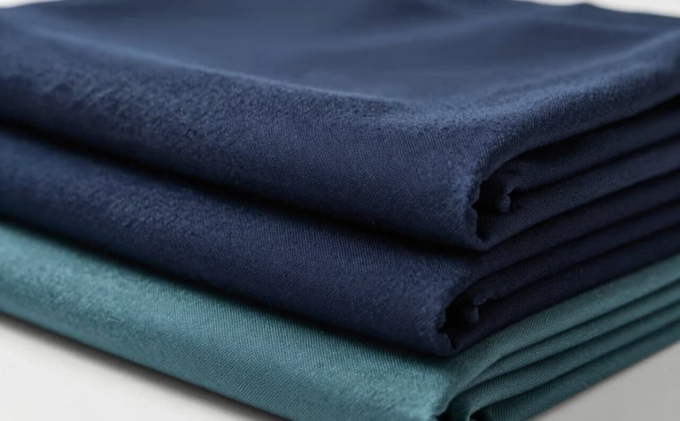 Premium textile fabrics neatly stacked, showcasing sophisticated textures and patterns. Professional studio lighting, establishing a refined professional image. Incorporates navy #283645 and teal #5B7B7C tones.