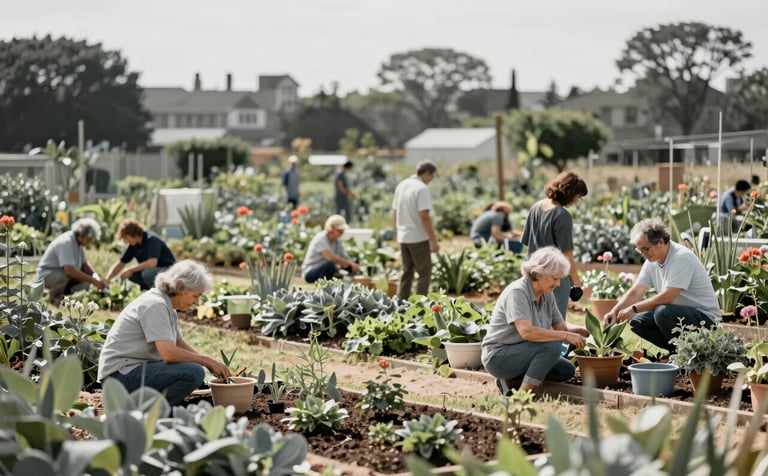 A peaceful landscape of a community garden where people of various ages are interacting respectfully. The shot is wide and sophisticated, with a color story emphasizing #6B7F67 and #A8B9A6 to reflect harmony and shared responsibility.