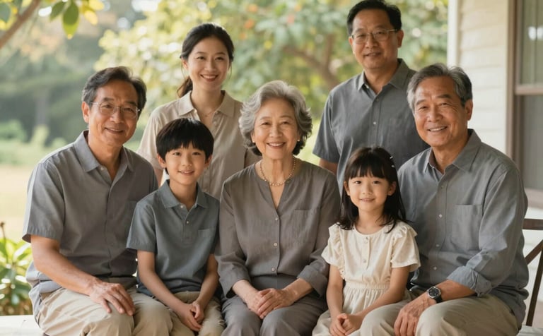 A warm, professional photograph of a multi-generational family sitting together on a porch, bathed in soft, natural morning light. The composition is balanced and serene, featuring muted tones of #6B7F67 and #A8B9A6 in their clothing and the surrounding greenery, evoking trust and stability.