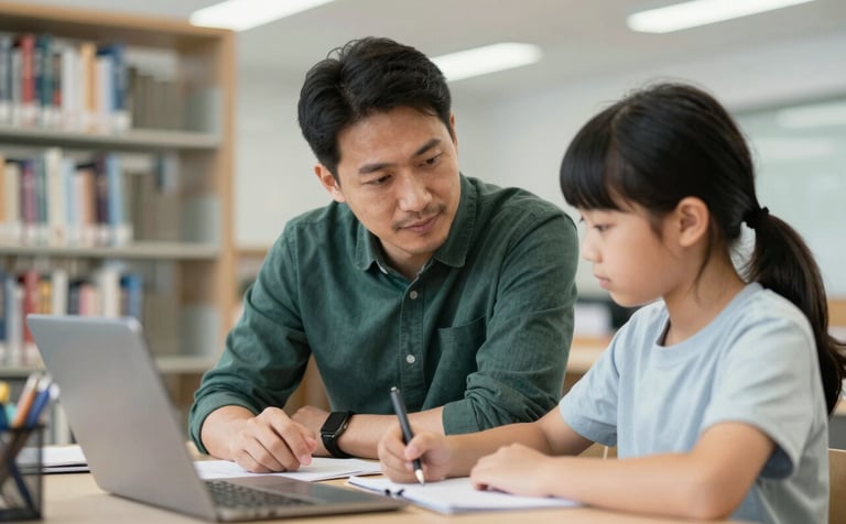 An inspiring scene of a mentor and a young student engaged in a project in a bright, modern library setting. The atmosphere is quiet and focused, with professional lighting. The color palette includes #3A4033 and #F1F5EF to highlight a sense of purposeful growth.