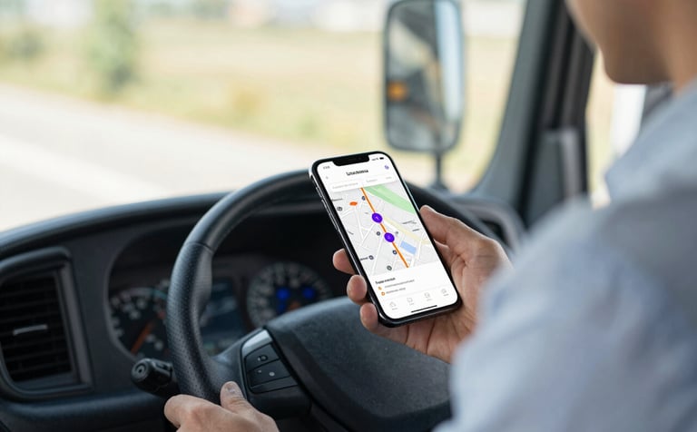 A professional truck driver in a modern vehicle cabin, looking at a smartphone with a clean logistics map interface. The app features purple markers (#300A60) and an orange route line (#FF8E00). The lighting is bright and natural, conveying a professional and trustworthy startup vibe.