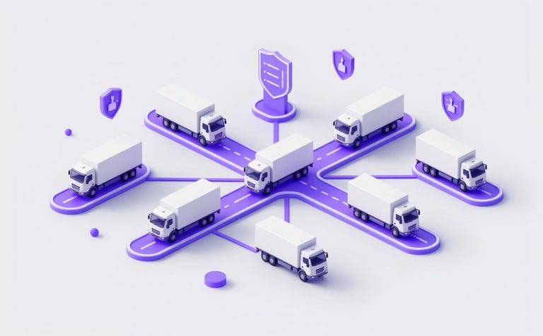 A futuristic 3D isometric illustration of a logistics network. White trucks move along glowing purple #300A60 paths on a light gray #A8ADB0 map. Tech symbols like digital shields and clocks represent security and efficiency. Minimalist and professional style.