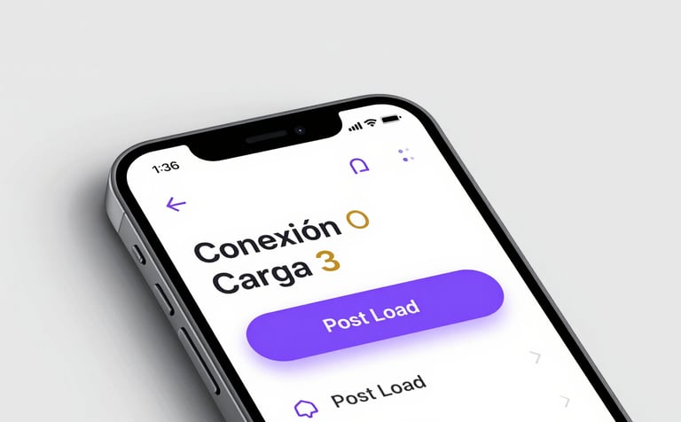 Close-up of a high-end smartphone displaying a modern app interface for &amp;#x27;Conexión Carga&amp;#x27;. The screen shows an intuitive &amp;#x27;Post Load&amp;#x27; button in #FF8E00 and purple #300A60 accents. The style is minimalist and tech-focused, set against a clean, light gray #A8ADB0 background with soft shadows.