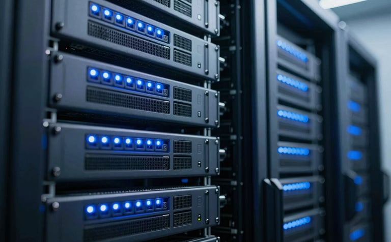 Photography of a high-tech server room in a modern European facility. Focused close-up of blue led status lights on hardware. Sharp, professional lighting highlighting precision and reliability, muted blue tones.