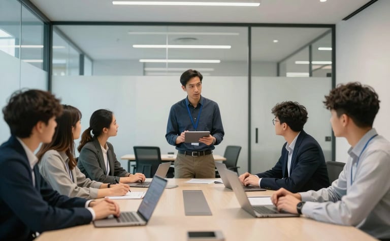Photography of a bright training room in a British tech hub. A professional mentor is teaching a group of employees using a tablet. Modern architecture, glass partitions, light blue and off-white color palette, clean professional atmosphere.