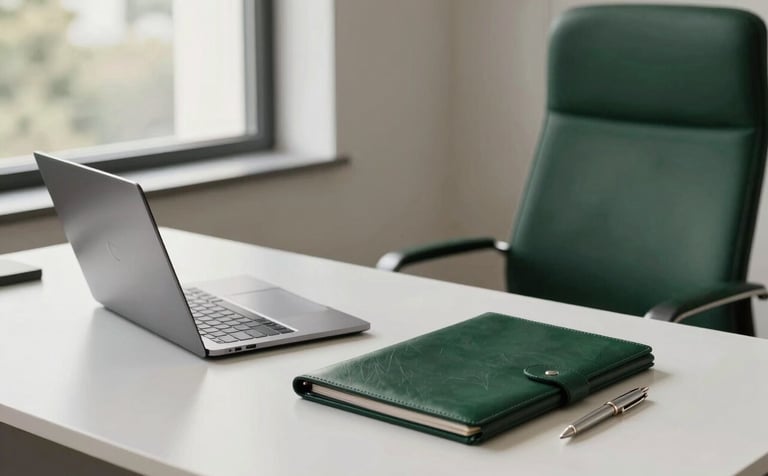 A high-end Italian professional office interior. On a white minimalist desk sits a modern laptop, an elegant leather folder, and a silver pen. The lighting is soft and natural, coming from a large window. The atmosphere is professional, serene, and sophisticated, with a color palette of off-white and deep green.