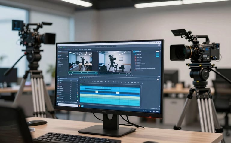 A high-end professional media production suite in a modern North American office. A large monitor displays video editing software with vibrant blue and white color grading. The lighting is soft and cinematic, highlighting sophisticated cameras on tripods in the background.
